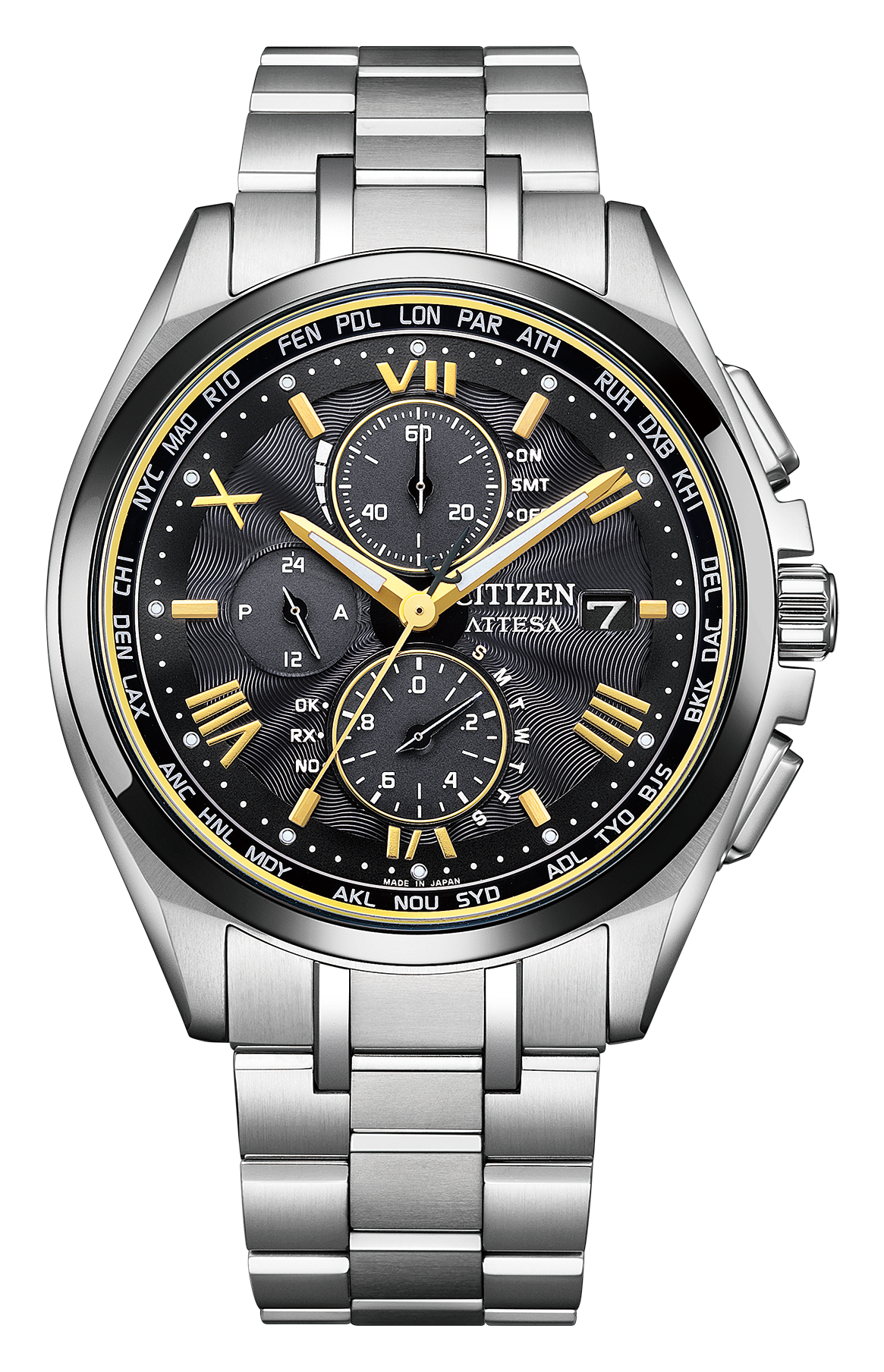 シチズン アテッサ AT8244-57E。ブラック文字板にゴールドトーンのインデックスを配したクロノグラフ