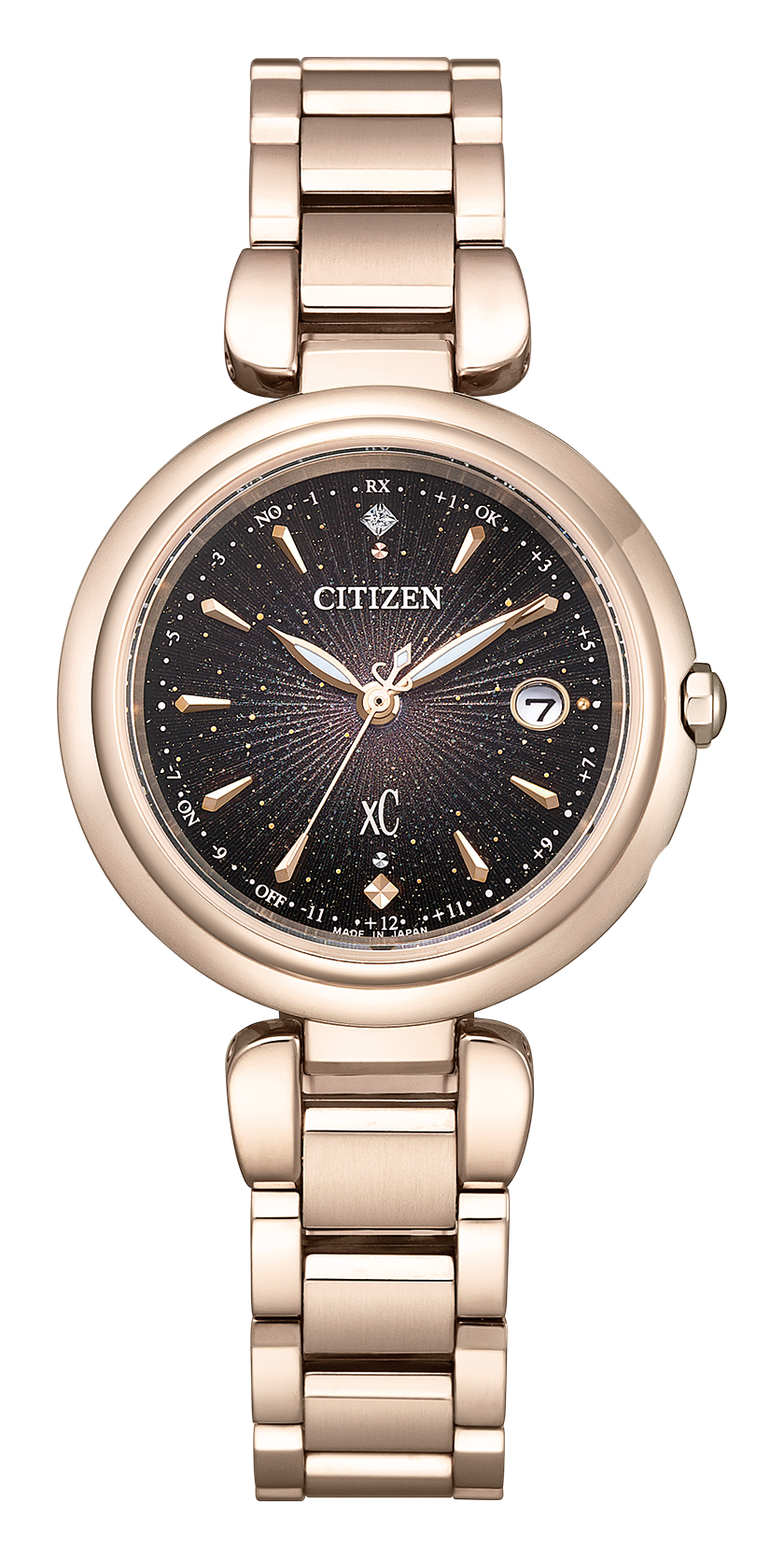 シチズン クロスシー mizu collection ES9467-97E。サクラピンク系のケースとブレスにブラック系文字板を合わせたモデル