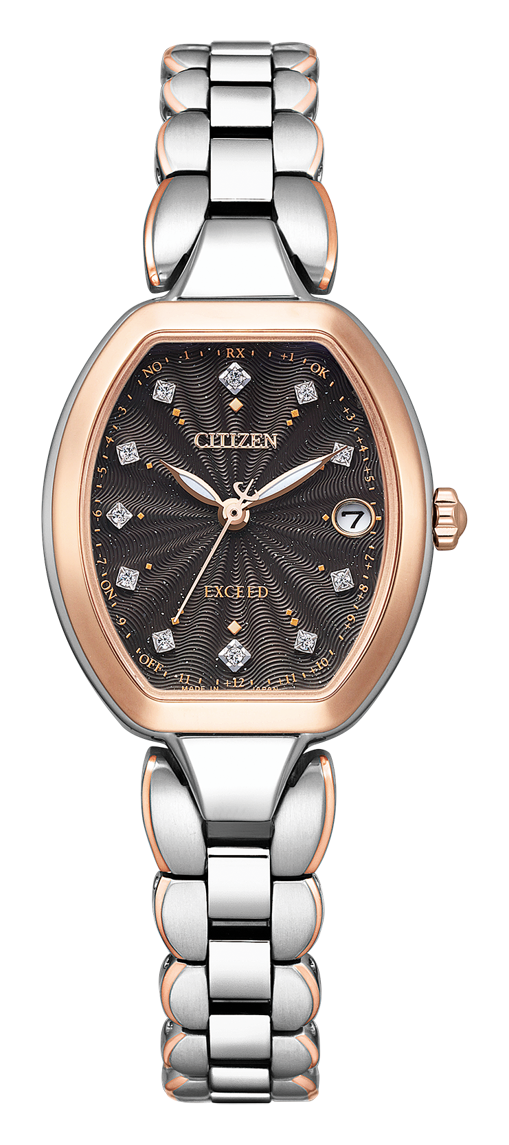 シチズン エクシード ES9485-52E。淡いピンク系ケースとブラック系文字板を組み合わせた３針モデル